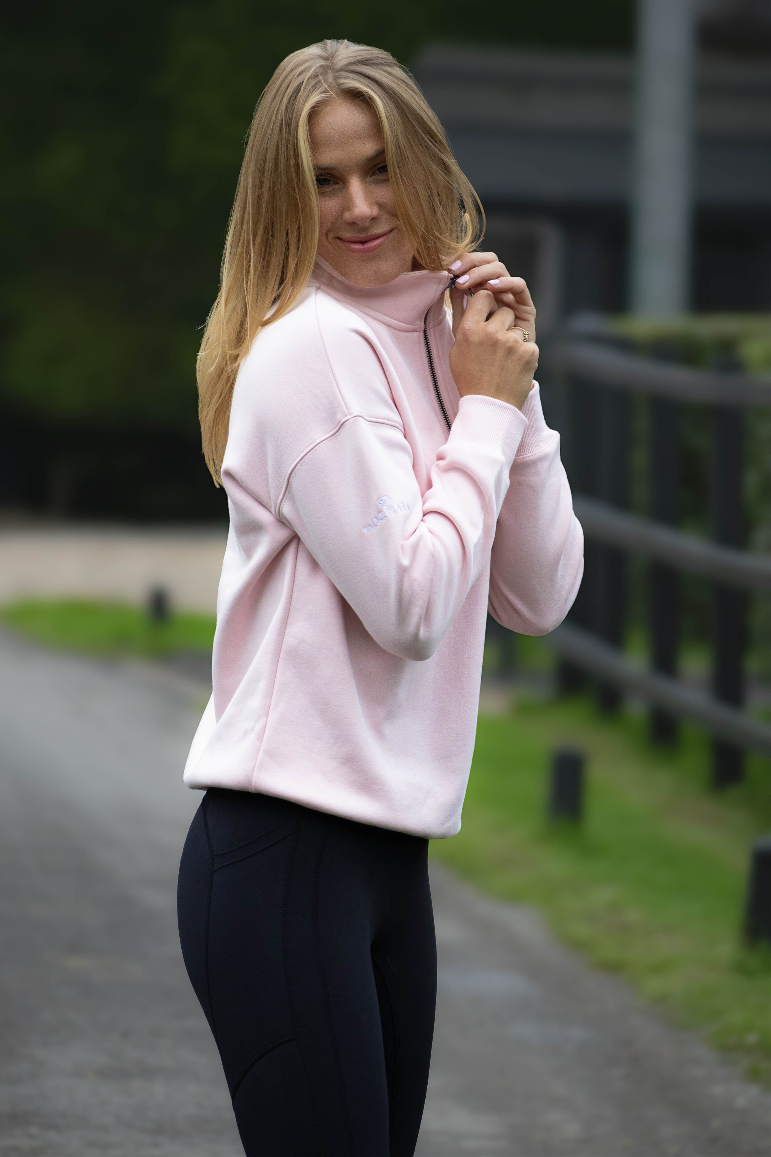 Women's Half-Zip Sweatshirt in Baby Pink | Mochara UK
