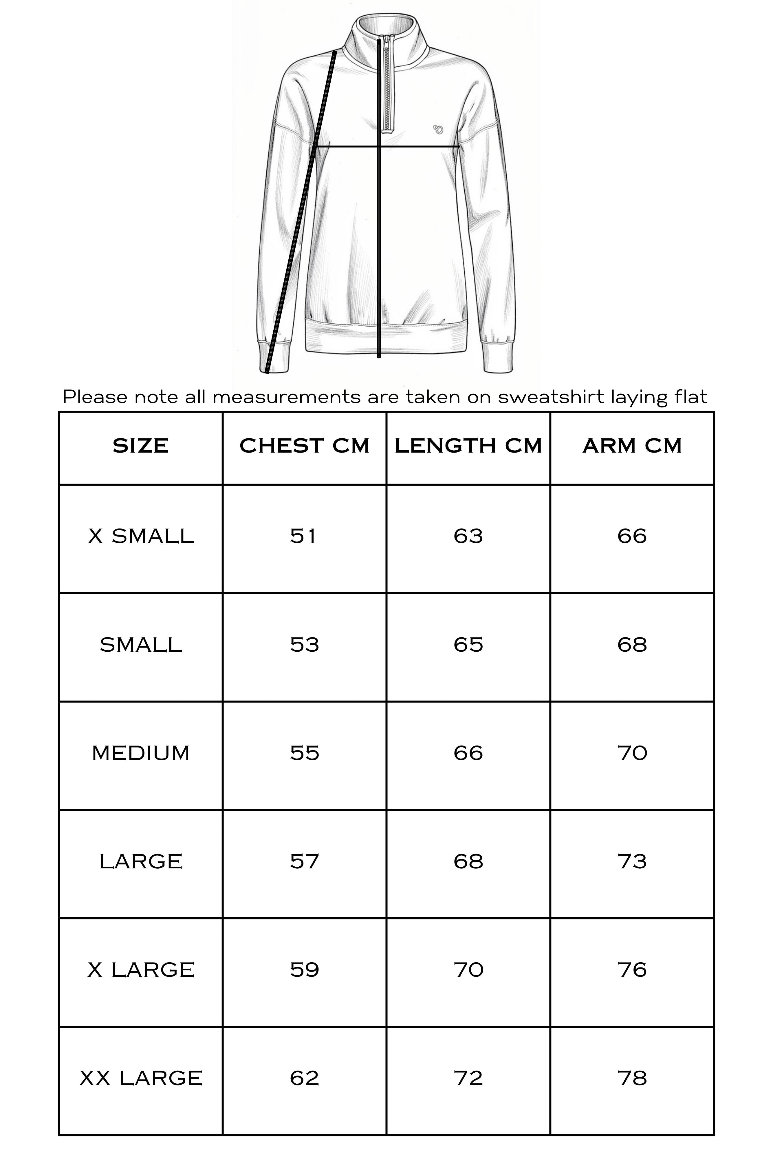 NSEA Mochara Half Zip Sweatshirt Size Guide