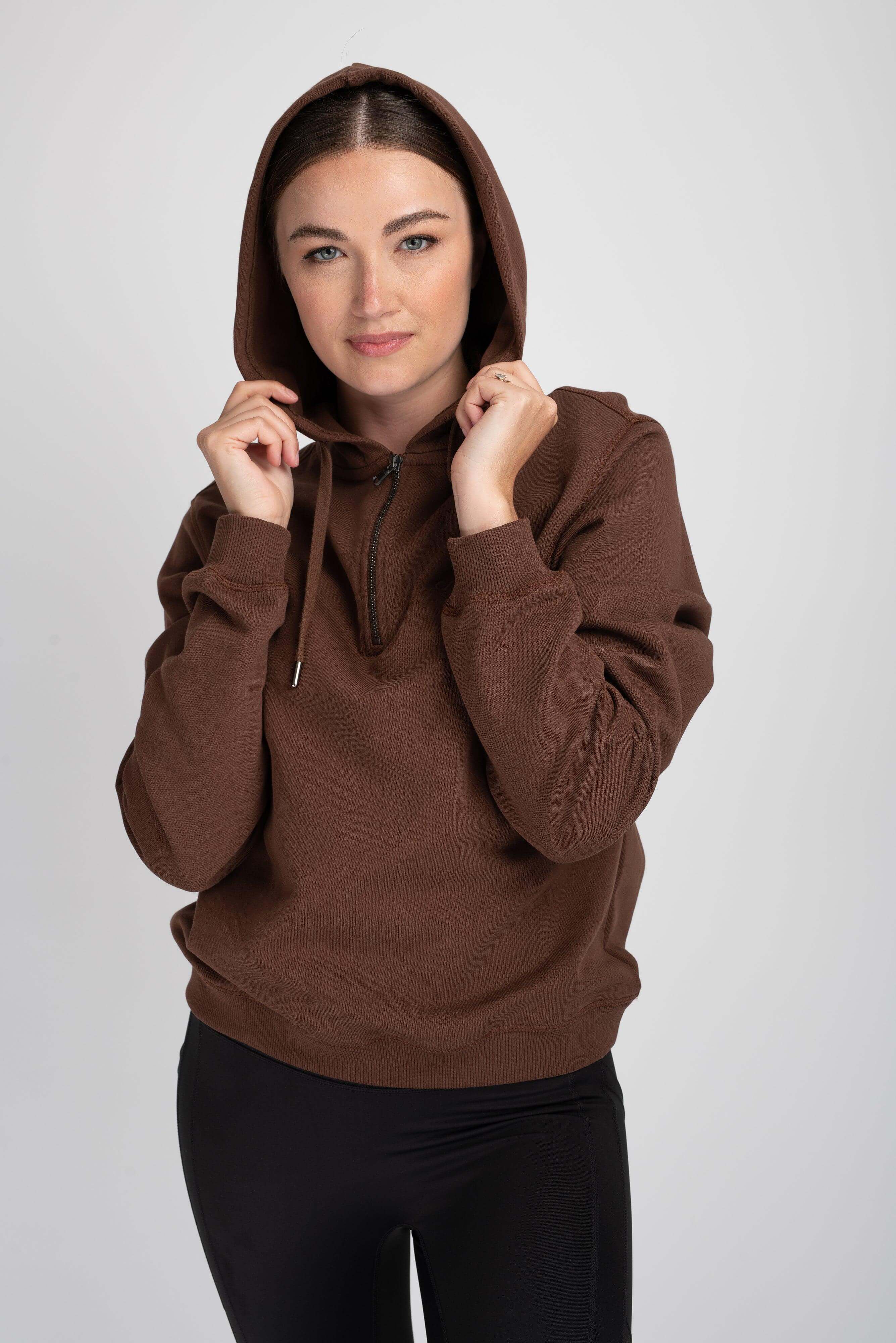 Women’s Half Zip Cotton Hoodie | Chocolate Brown |Mochara UK